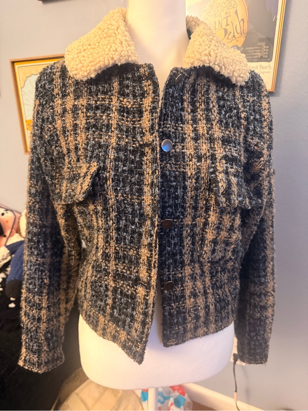 Sweet Rain Plaid Teddy Collar Jacket in Black & Tan